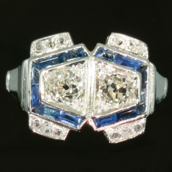 Sapphire diamond engagement ring Art Deco style from the antique jewelry collection of www.adin.be